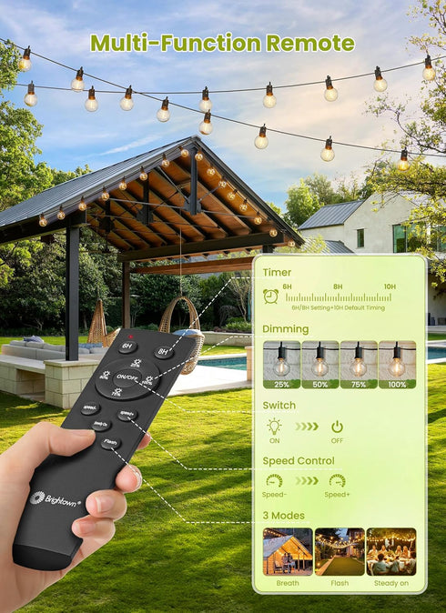 38FT 15 Bulbs, 3 Dimmable Brightown Solar String Lights Outdoor Waterproof with Remote Cable Ties and Hooks, Patio