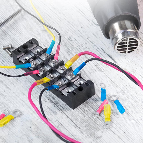Wirefy 150 PCS Heat Shrink Ring Terminals #8, Resistant Ring Connectors for Eyelet Wire Connections, Red 22-16 AWG