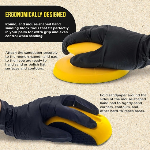 Dura-Gold Pro Series 5" Round & Mouse-Shaped Hand Sanding Block Pads - Hook & Loop and PSA Adapter Pad for Sanding