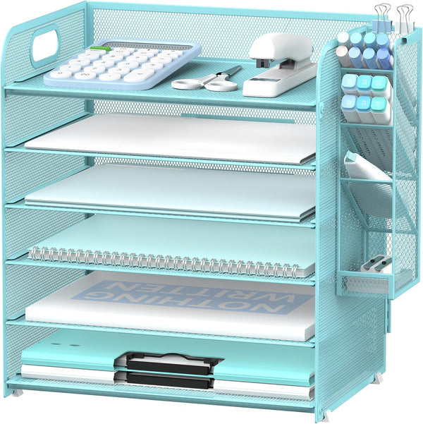 SUPEASY 6 Tier Paper Organizer with 4 Pen Holders, Mesh Desk Organizer Letter Tray with Handle, Blue