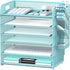 SUPEASY 6 Tier Paper Organizer with 4 Pen Holders, Mesh Desk Organizer Letter Tray with Handle, Blue