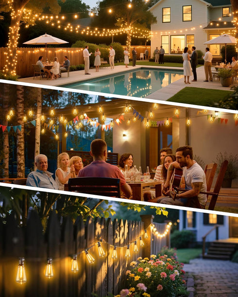 50FT IP65 27 Bulbs, Dimmable ST38 Patio String Lights Plug in LED Outdoor String Lights with Waterproof Connectable