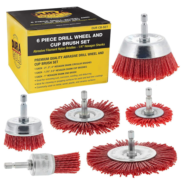 Dura-Gold 6 Piece Abrasive Nylon Wire Brush Set, Coarse Sanding, 1/4" Drill Shank for Rust Removal
