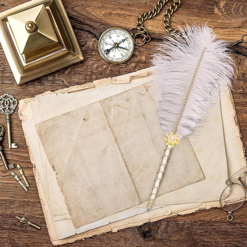CROWN GUIDE Crystal Ostrich Feather Pen Quills for Wedding Guest Book Signing, 1920s Gatsby Reception Décor, White