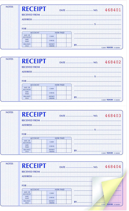 Rediform 11" 8", 100 Sets (8L808) Money Receipt Book, Manifold Cover, Carbonless Triplicate Forms, x Numbered