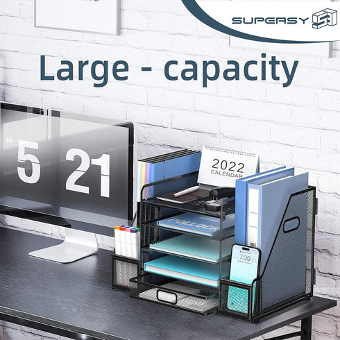 SUPEASY White Mesh Desk Organizer with File Holder, 5-Tier Paper Letter Tray, Magazine Holder for Office