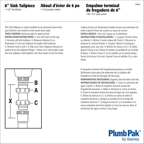 Plumb Pak PP905W Sink Tailpiece, 1-1/2 In Dia X 6 In L, Flanged, PVC, White