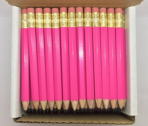 Express Pencils Deep Pink Half Pencils with Eraser - Golf, Classroom, Mini, Hexagon, Non Toxic, #2 Pencil (Box of 48)