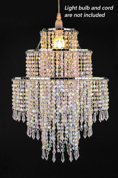 3 12.6 inches, Waneway Large Tiers Beads Pendant Shade, Ceiling Chandelier Lampshade with Acrylic Jewel Droplets