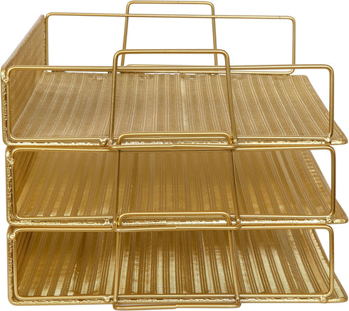 Martha Stewart Ryder 3 Tier Desk Letter Tray Organizer, Stackable Steel Mesh Inbox Tray for Files and Papers (Gold)