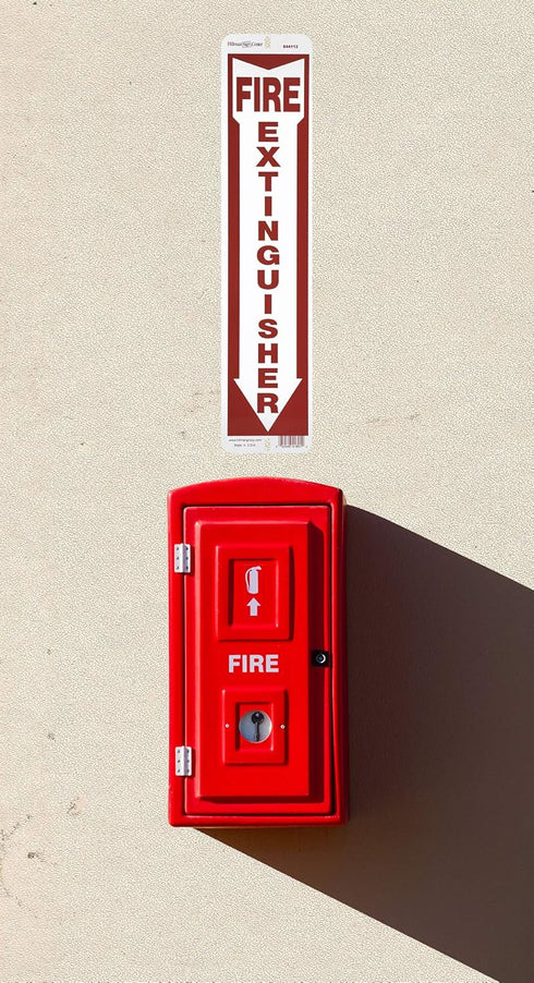 Hillman 844112 Fire Extinguisher Sign, White and Red Aluminum with Arrow Symbol, 4" x 18"