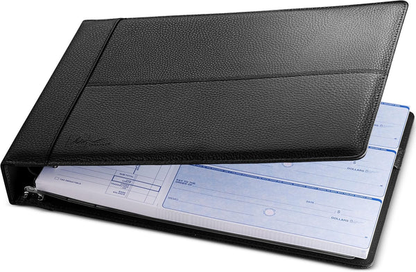 Executive 7 Ring Check Binder - Premium PU Leather, 500 Check Capacity for 9x13 Inch Sheets, with Calendar Organizer &