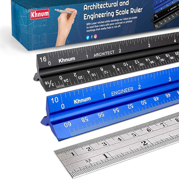 Khnum 12-Inch Architectural and Engineering Scale Ruler Set (Imperial) | Laser-Etched Aluminum Triangular