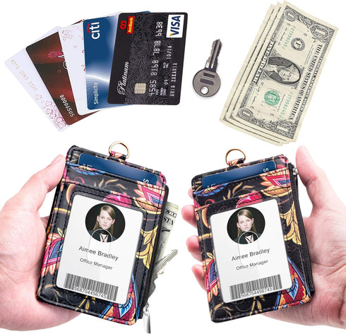 ELV Badge Holder with Zipper - ID Badge Card Holder Wallet with 5 Card Slots and RFID Blocking Pocket, 20 inch Lanyard