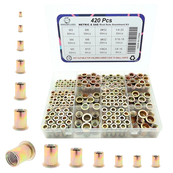 wwsurpluses 420 Pcs Metric & SAE Rivet Nut Kit, Carbon Steel Rivnut Kit,