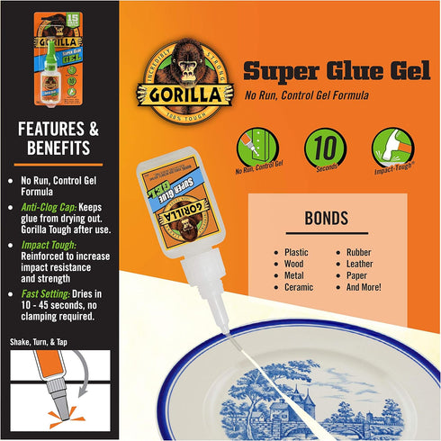 Gorilla Super Glue Gel, 15 Gram, Clear (Pack of 6)