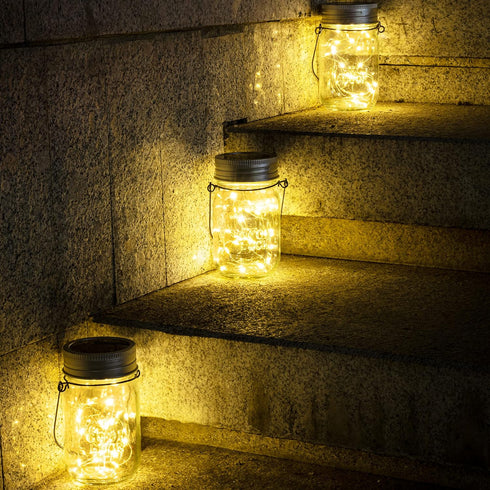 6 Pack 30 GIGALUMI Hanging Mason Jar Solar Lights, Led Hanging Solar Lanterns Outdoor Waterproof, Hangers and Jars