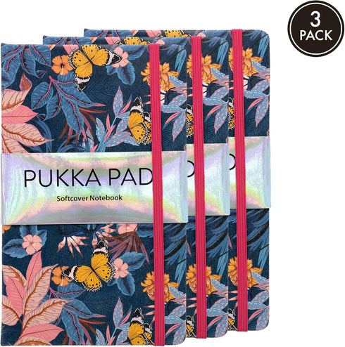 Pukka Pad Bloom Softcover Notebook, 21 x 13cm, Pack of 3 Floral Designs, Blue