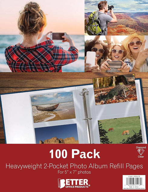 Better Office Products Photo Album Refill Sheets, 5 x 7 Inch, Heavyweight 3 Ring Photo Binder Page Refills
