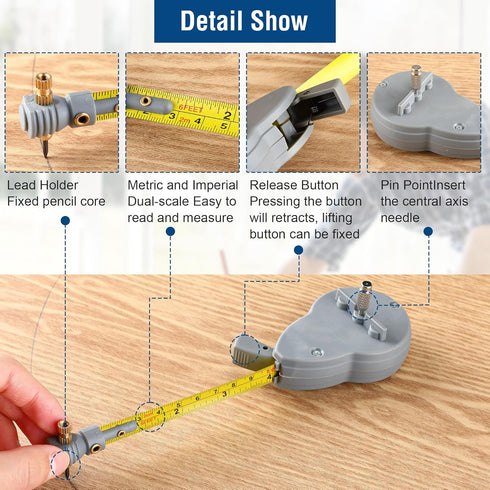 Dreyoo 6.56 ft Rotape Tape Measure Compass with 10 Pencil Leads for Drawing Circles and Lines