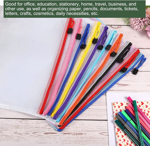 YOKIVE 12 Pack Mesh Zipper Bags, A4 Waterproof Mesh File Pockets for Office Supply (Pink)