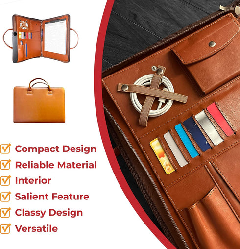 FUNTACY Premium Leather Portfolio with Handles, Slim Padfolio with Multiple Compartments for Documents, iPad, Notebook