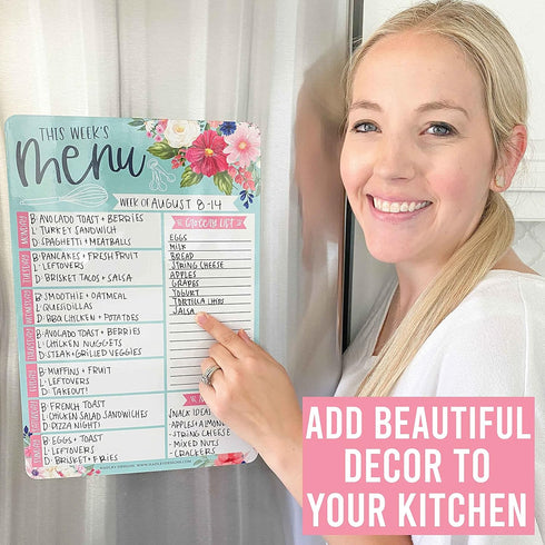 Hadley Designs Weekly Meal Planner Dry Erase Board, Floral Magnetic Menu Board for Kitchen Refrigerator