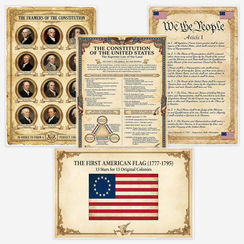 JELLY BEAN GENIUS Constitution Poster Set (4 Pack) - Framers, Summary, Flag,