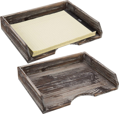 MyGift Set of 2 Torched Wood Stacking Desk Paper Tray, Stackable Document File Folder and Mail Holder Organizer