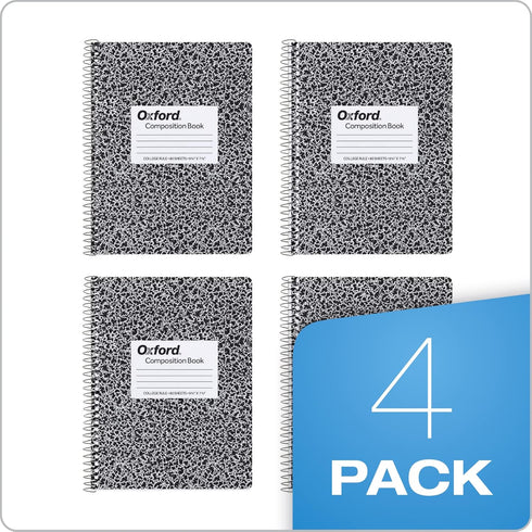 Oxford Spiral Composition Notebooks, 4 Pack, College Ruled Paper, 9-3/4 x 7-1/2 Inches, 80 Sheets, Black Marble Cover