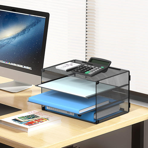 DALTACK 3 Tier Letter Tray Paper Organizer, Mesh Metal Desk File Organizer for Home & Office, Black