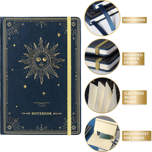 Blue Faux Leather Ruled Notebook/Journal, 144 Pages, Large, Premium Thick Paper, Hard Cover with Pocket