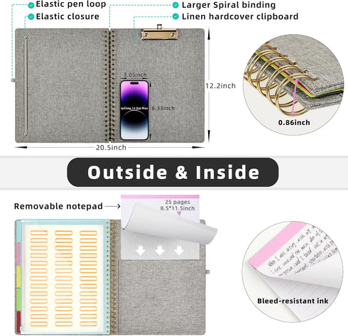 Ospelelf Foldable Spiral Clipboard Folio with Storage Zipper Pouch, 5 Plastic Folders, 10 Pockets, Project Organizer