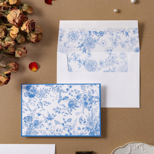 50 Pack Crisky Blue Floral Blank Note Cards with Envelopes & Stickers, Gold Foil Bridal Shower Thank You Cards Greeting