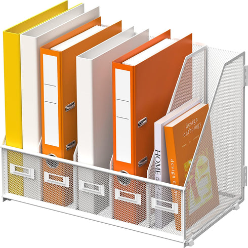 DALTACK Desk Organizers Magazine Binder Folder Holder with 5 Vertical Compartments, Metal Mesh, White
