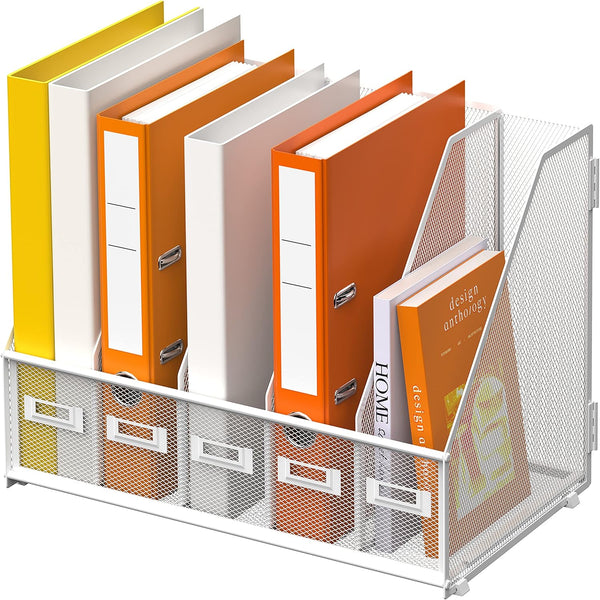 DALTACK Desk Organizers Magazine Binder Folder Holder with 5 Vertical Compartments, Metal Mesh, White
