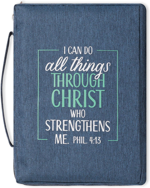 Christian Art Gifts Men's/Women's Bible Cover, I Can Do All Things Philippians 4:13, Blue/Turquoise Canvas, Large