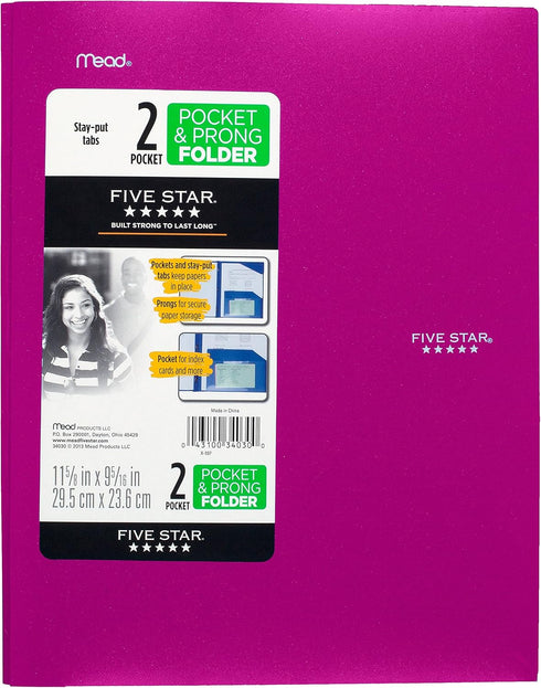 Five Star 2-Pocket Stay-Put Folder, Plastic Colored Folders, 11” x 8-1/2”, Pink/Purple