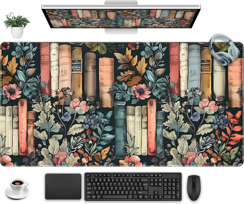 DKPXFG Floral Books Desk Mat Reading Desk Pad Mouse Mat XXL, Colorful Mouse