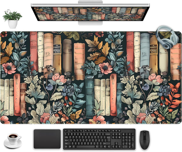 DKPXFG Floral Books Desk Mat Reading Desk Pad Mouse Mat XXL, Colorful Mouse