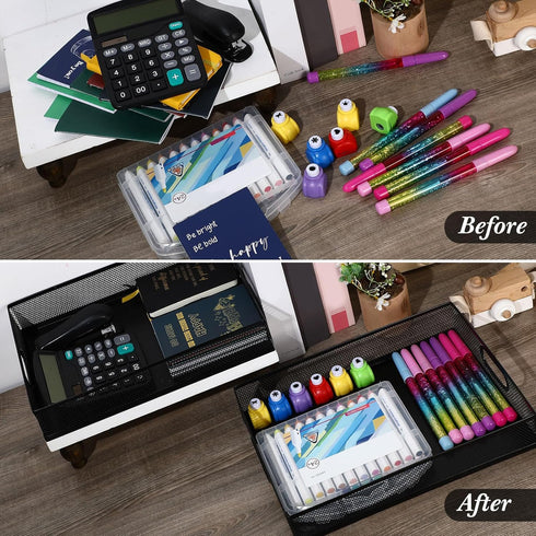 Tandefio 3 Pcs Metal Mesh Desk Drawer Organizer Tray, Portable Storage Box with Handle for Office Supplies