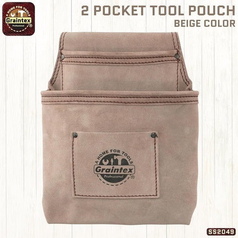 Graintex SS2049 2 Pocket Nail & Tool Pouch, Beige Suede Leather for Constructors and Electricians