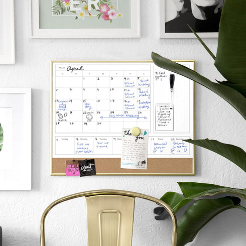 U Brands 4-in-1 Dry Erase Calendar Planner Board with Gold Frame, Office Supplies with Marker and Magnet (16” x 20”)