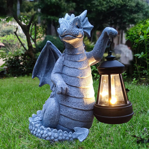 Qobumy Solar Dragon Garden Statue Decoration with Solar Lantern,Dragon Figurine Lights Outdoor Dcor