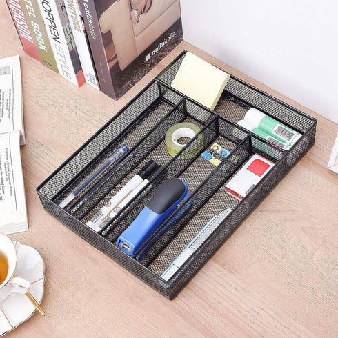 WuGeShop Office Desk Drawer Organizer, 5 Compartments Mesh Tray for Storage of Art Supplies, Stationery, Black
