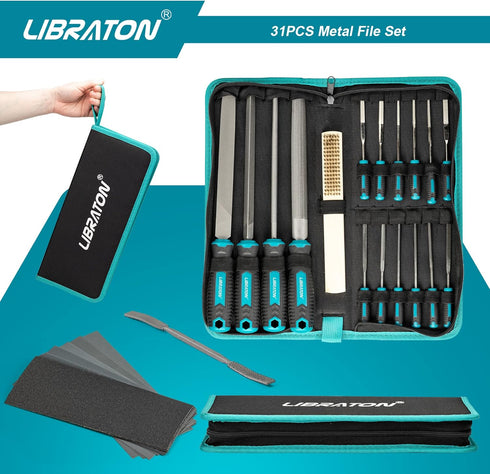 Libraton 31PCs Metal File Set, Metal Files for Steel, 12 Needle Files with Case, Riffler File, Sandpapers