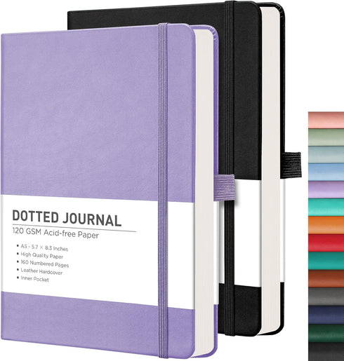 RETTACY Bullet Dotted Journal - 2 Pack, A5 Dotted Grid Journal with 160 Numbered Pages, Leather Hardcover (Black &