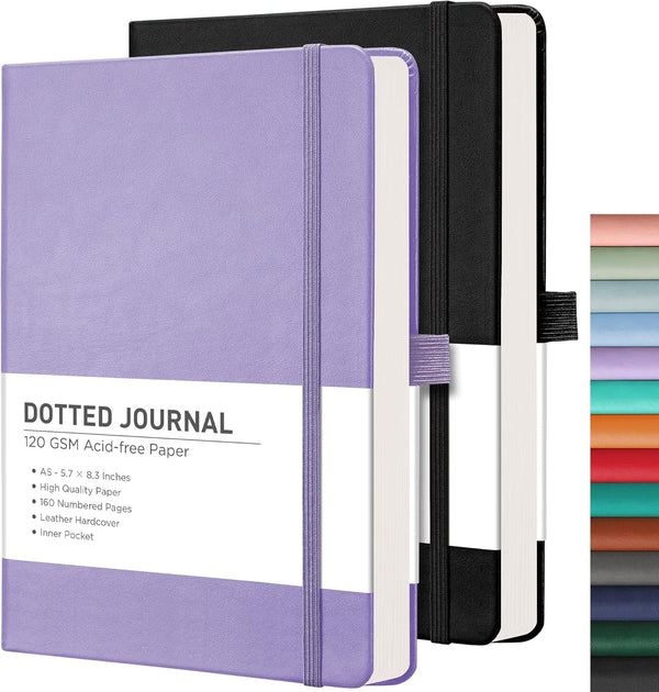 RETTACY Bullet Dotted Journal - 2 Pack, A5 Dotted Grid Journal with 160 Numbered Pages, Leather Hardcover (Black &