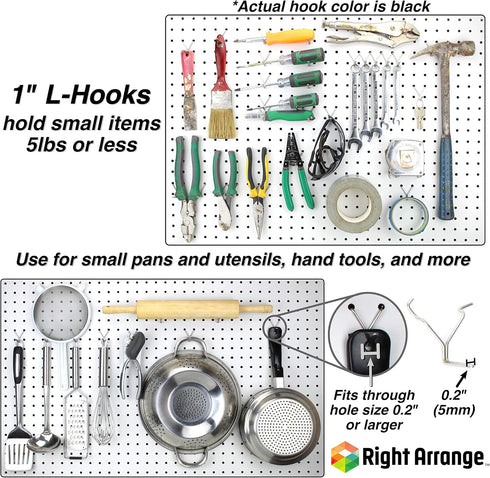Steel Pegboard Hooks 50-Pack 1" L Hook, Black - Organize Tools, Accessories, Workbench, Garage Storage, Kitchen, Crafts