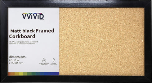 VViViD Cork Bulletin Board, Black Framed - 8.5" x 15" for Home Office